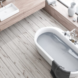 Top View Of Wooden Floor Bathroom, Tub And Sink