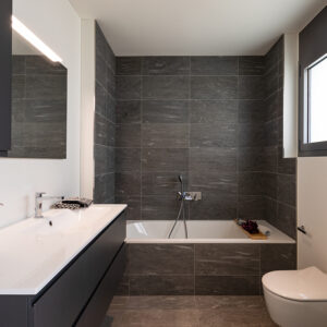 Interior of an empty and luxurious modern bathroom, nobody insid