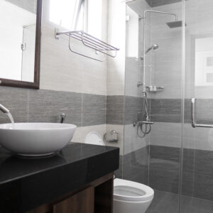 Bathroom Interior With White Round Sink And Chrome Faucet In A M